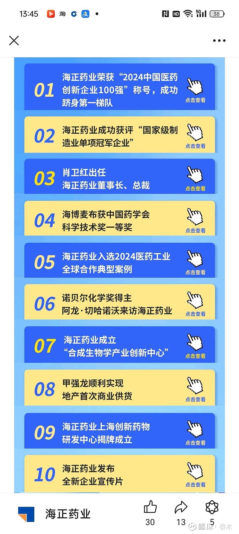 海正药业第四次回购进展：累计回购553.5万股，耗资5089万元